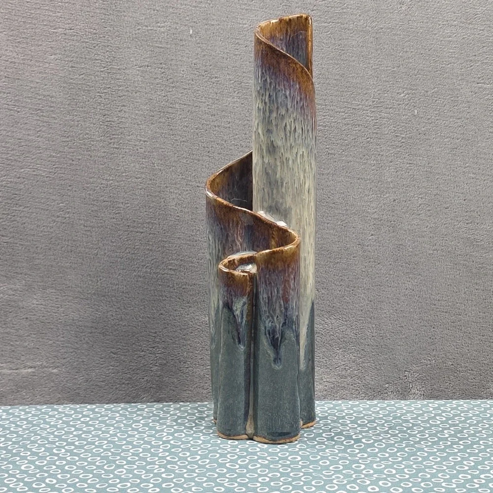 Vintage Bay Pottery 4 Chamber Bud Vase Blue Glazed 10.5 Inch Ribbon
